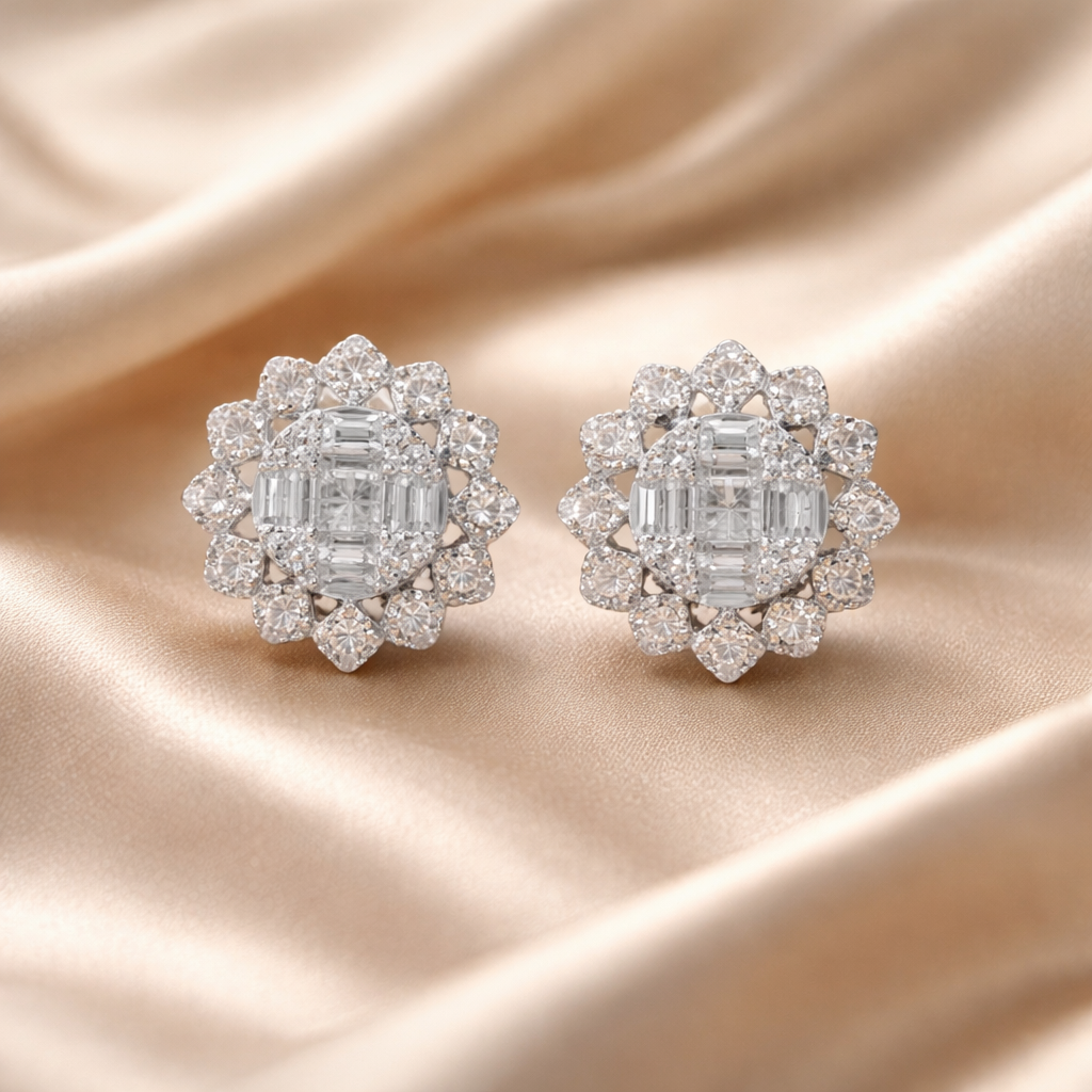 Diamond Flower Studs - 18K White Gold