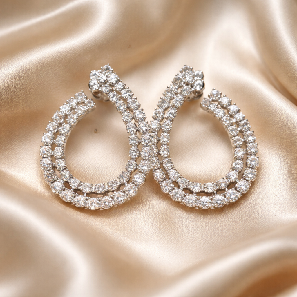 Triple Row Diamond Circle Studs - 18K White Gold