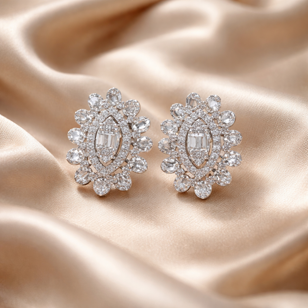 Diamond Star Flower Studs - 18K White Gold