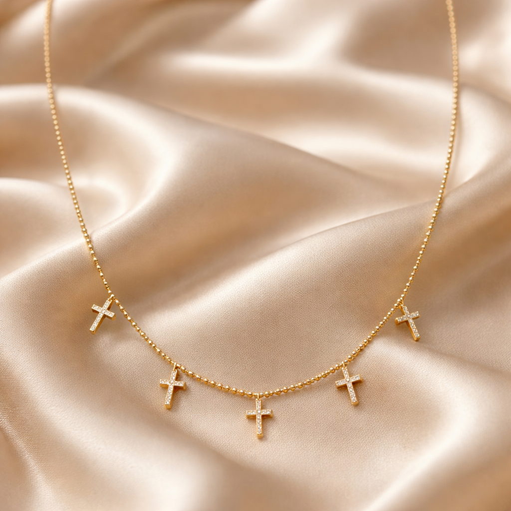18K Gold Diamond Cross Station Necklace (46cm)