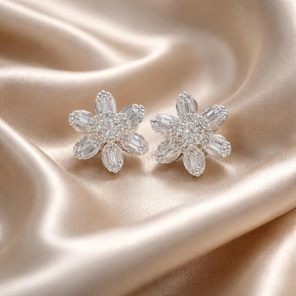 Baguette Diamond Star Studs - 18K White Gold