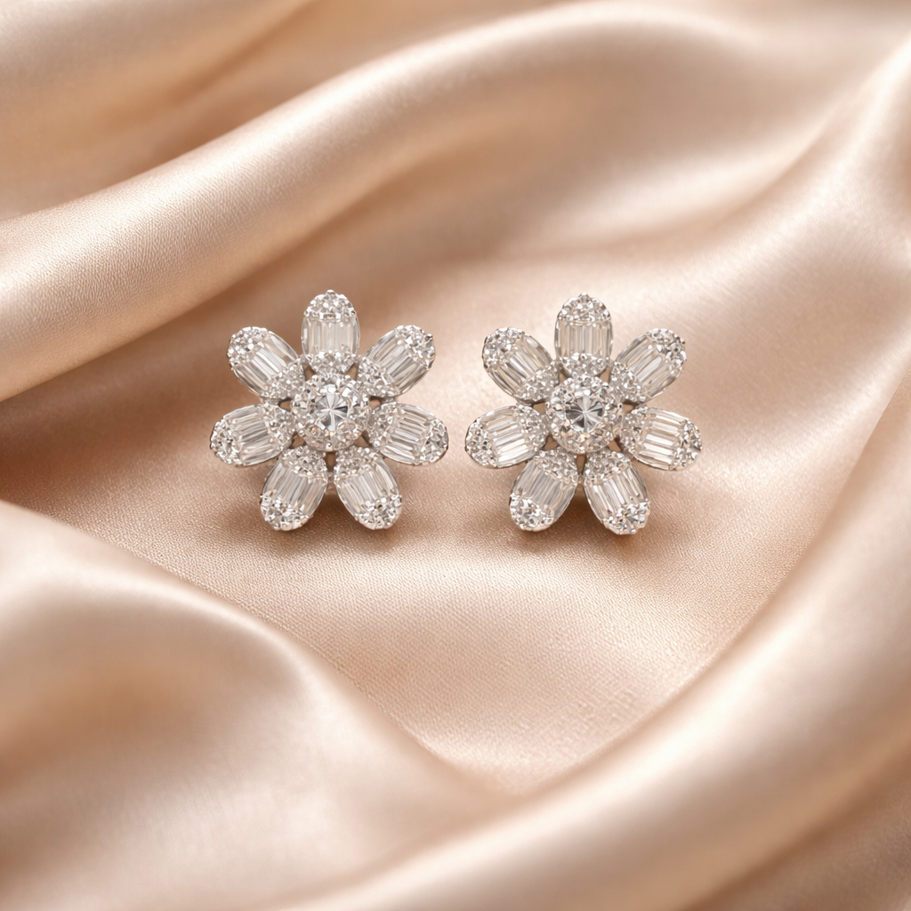Baguette Diamond Star Studs - 18K White Gold
