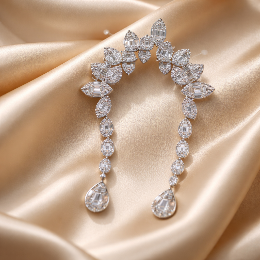 Diamond Ear Climbers with Pear Drops - 18K White Gold