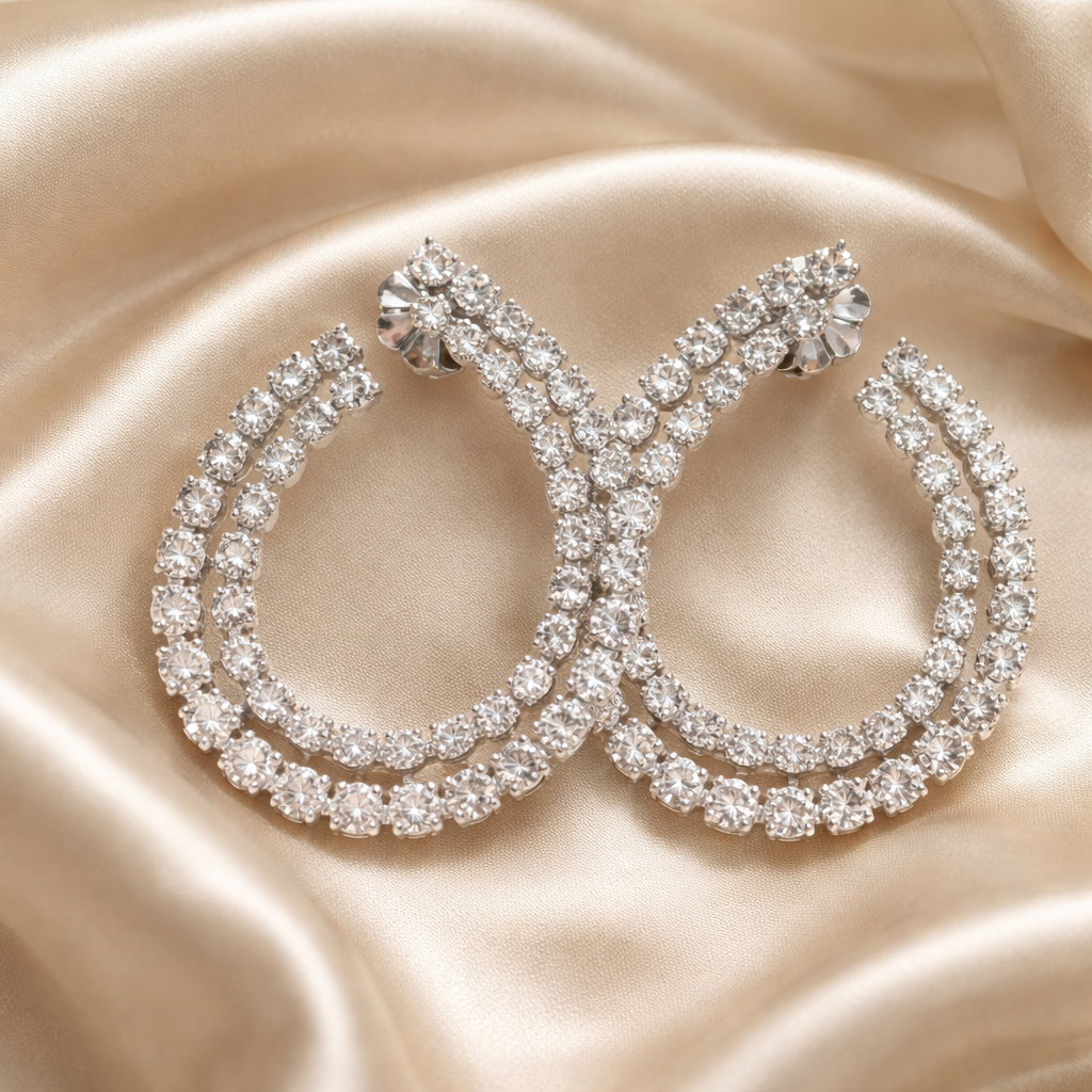 Triple Row Diamond Circle Studs - 18K White Gold