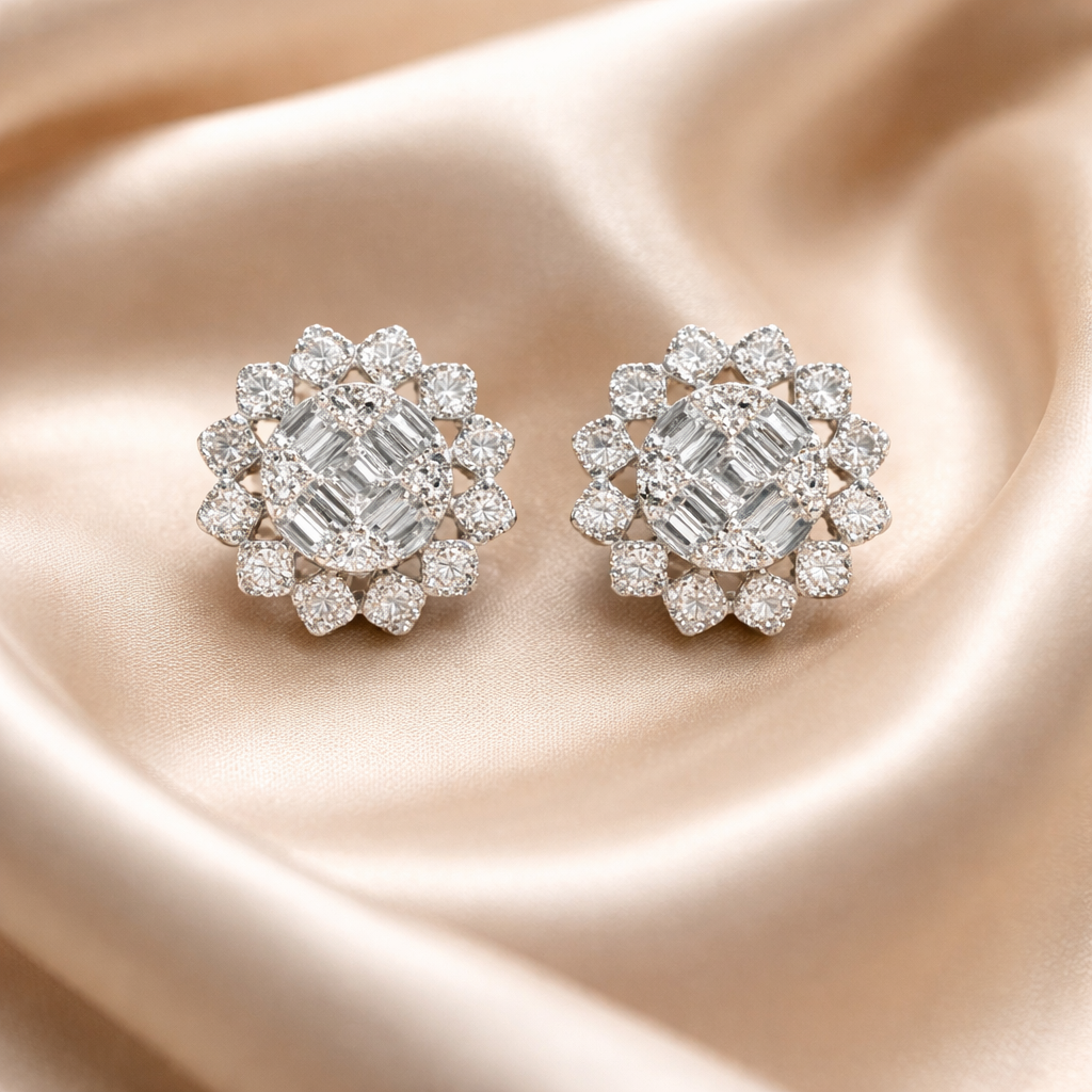 Diamond Flower Studs - 18K White Gold