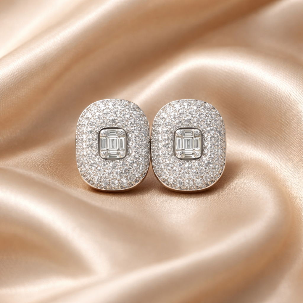 Pavé Diamond square Studs - 18K White Gold